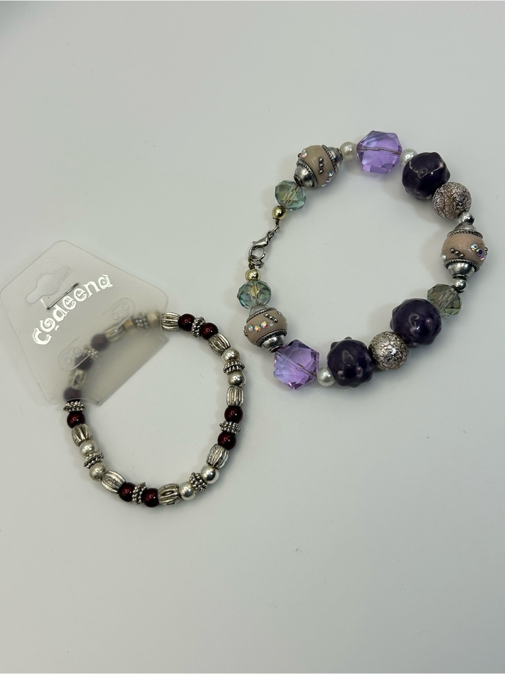 Stylish Purple Beaded Fashion Bracelet Pair of 2 Silver-tone Stretch Sparkly